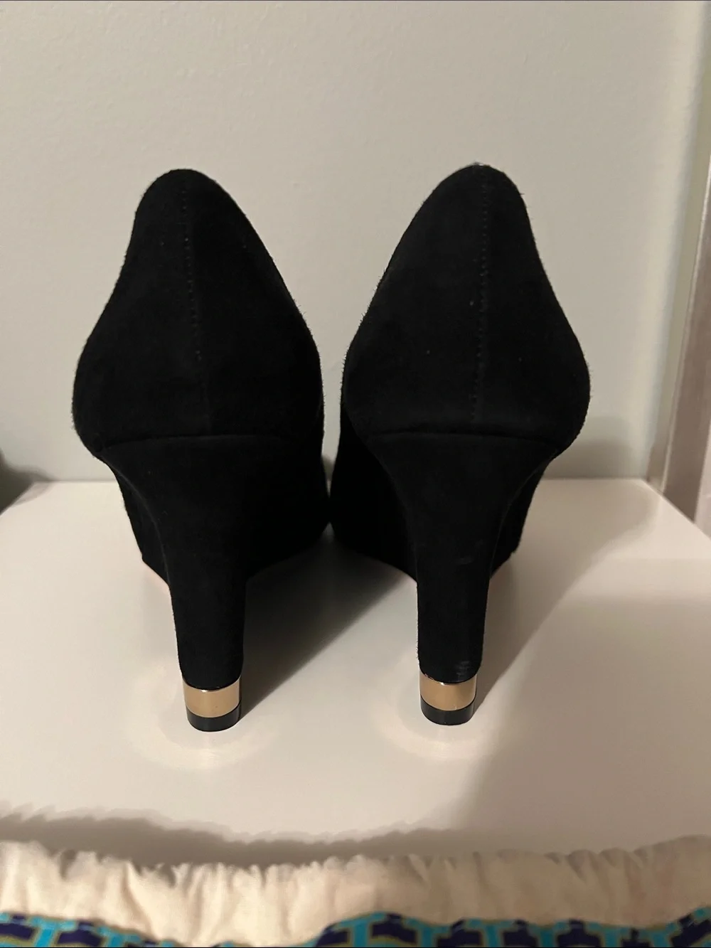 Tory Burch Black Suede Wedge Heels with Gold Accent (Size 10)